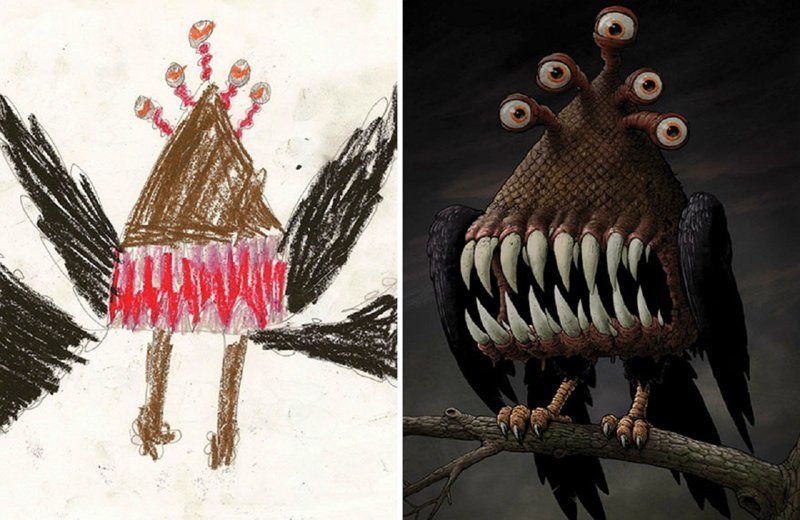 Художники рисуют монстров по детским эскизам воображение, дети, игра, монстры, необычно, проект, рисунки, художники