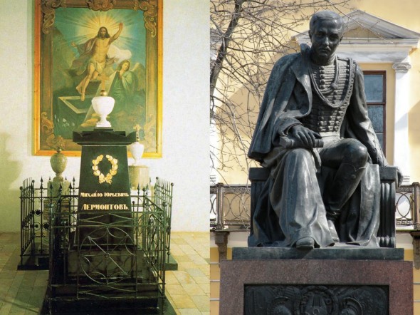 Могила Лермонтова в Тарханах и памятник Лермонтову в Санкт-Петербурге