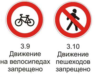 Дорожные знаки 3.9 «Движение на велосипедах запрещено» и 3.10 «Движение пешеходов запрещено» разъяснения