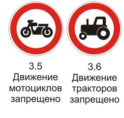 Дорожные знаки 3.5 "Движение мотоциклов запрещено" и 3.6 "Движение тракторов запрещено" с пояснениями